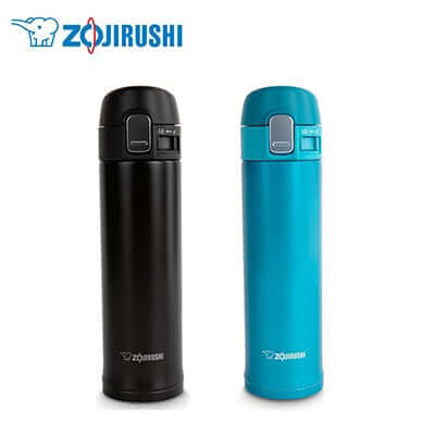 ZOJIRUSHI Stainless Mug Bottle 0.34L in black and blue, perfect for corporate gifts, keeping drinks hot or cold.