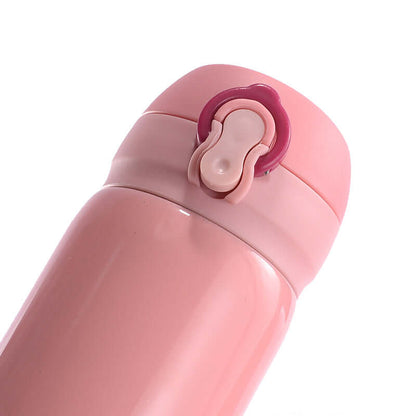 Pink stainless steel thermos flask with a convenient lid, perfect for keeping drinks hot or cold, ideal corporate gift.