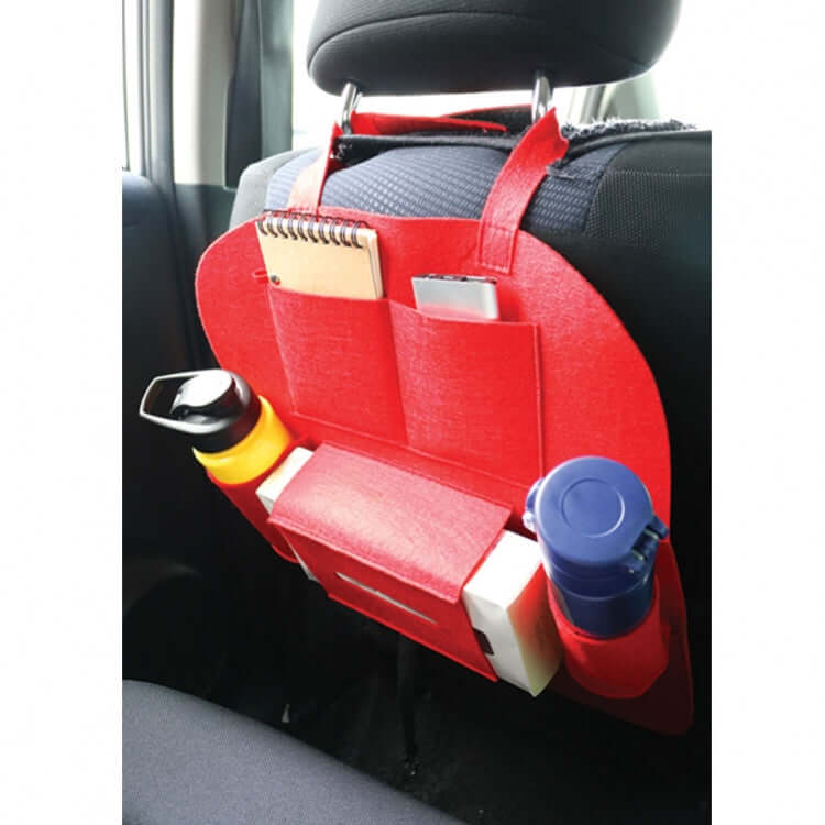 Car Back Seat Organizer in red felt, featuring pockets for drinks and a notebook, ideal corporate gift for travelers.