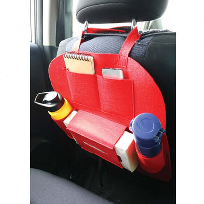 Car Back Seat Organizer in red felt, featuring pockets for drinks and a notebook, ideal corporate gift for travelers.