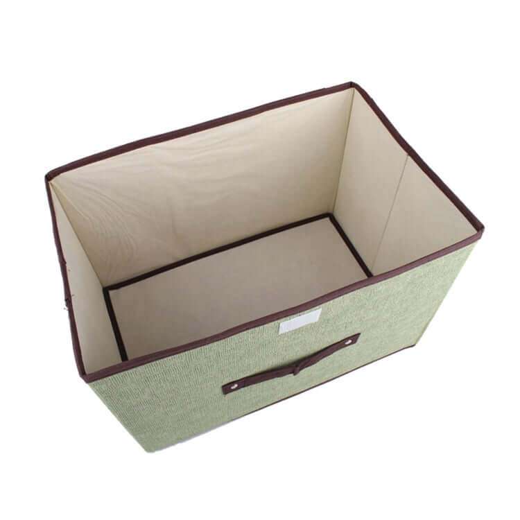 Non Woven Foldable Storage Box in green with a brown trim, ideal for organizing and as a corporate gift.