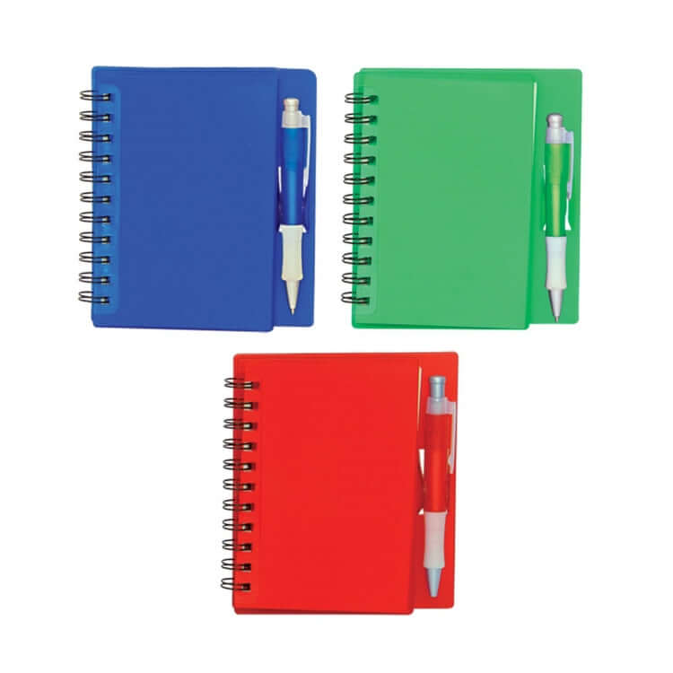 Hand Cover Notebook With Pen in vibrant colors: blue, green, and red, perfect for corporate gifts and note-taking.