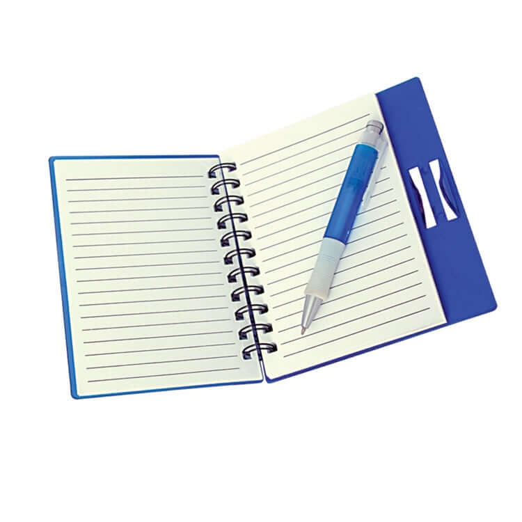 Hand Cover Notebook With Pen open, showcasing lined pages and a blue pen, ideal for corporate gifts.