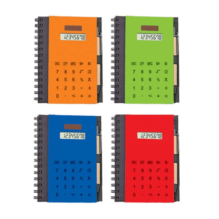 Notebook With Calculator & Pen in vibrant colors: orange, green, blue, and red for corporate gift.