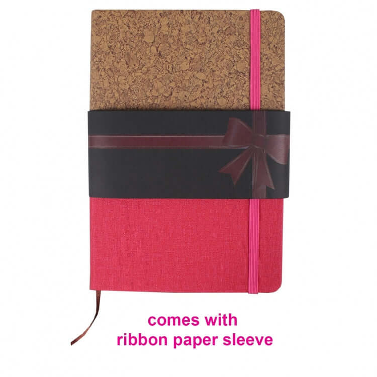 PU Notebook with Cork Design featuring a ribbon paper sleeve, stylish and functional corporate gift.