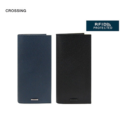 Crossing Elite Long Leather Wallet RFID in blue and black, featuring RFID protection for security and style.