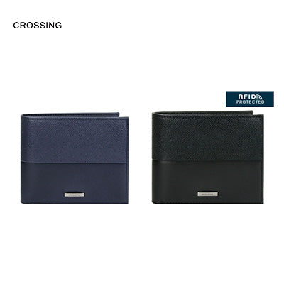 Crossing Infinite Bi-Fold Leather Wallet RFID in navy and black with RFID protection feature