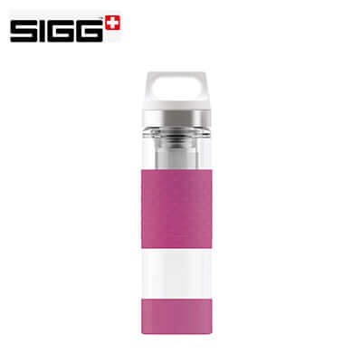 SIGG Hot & Cold Glass WMB Thermo Bottle 0.4 l in pink and white design, perfect for keeping drinks at desired temperatures.