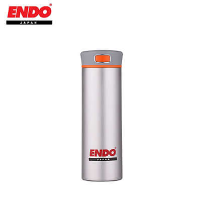 ENDO Anti Bacterial stainless steel Tumbler with orange lid and logo, perfect for hot and cold beverages.