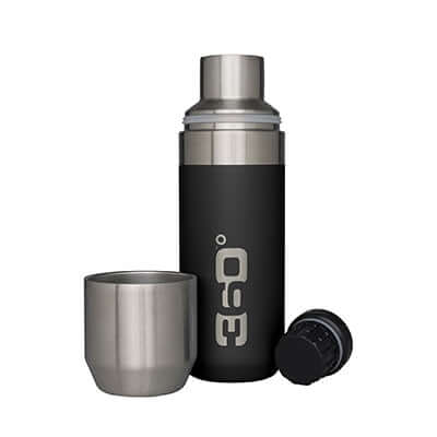 360 Degrees Insulated Flask With Pour Thru Cap 750ML with cup and cap, perfect for hot or cold beverages.