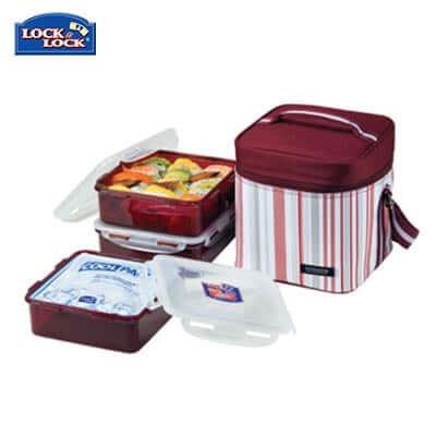 Lock & Lock 3 Pieces Lunch Box Set 1.2L with cool pack and sturdy handle for meal organization