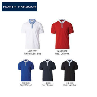 North Harbour 2800 Glance Polo T-Shirt collection in various colors including white, light blue, red, navy, and black.