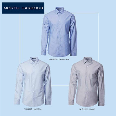 North Harbour Cotton Rayon Shirt in various colors: Canbria Blue, Light Blue, and Gravel, perfect corporate gift.