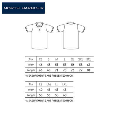 Size chart for the North Harbour 2700 Saffron Polo T-Shirt with measurements in cm.