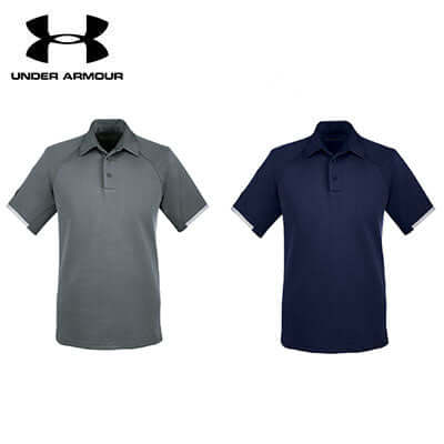 Under Armour Corp Rival Polo Shirt displayed in grey and navy styles, ideal as a corporate gift.