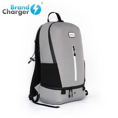 BrandCharger Nomad Eco Backpack in gray with sleek design for sustainable travel and corporate gifting.