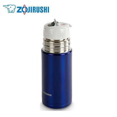 ZOJIRUSHI Stainless Thermal Bottle with Cup 0.35L in blue, perfect for outdoor drinks and corporate gifts.
