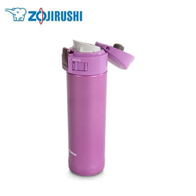 ZOJIRUSHI Stainless Thermal Flask 0.48L in vibrant pink color with flip-type lid and one-touch open stopper.