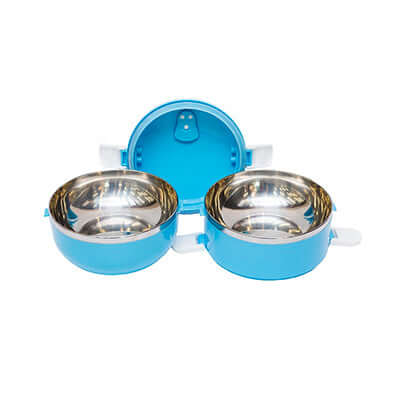 Round-shaped Stainless Steel Lunch Box in vibrant blue, featuring two tiers for meal prep.