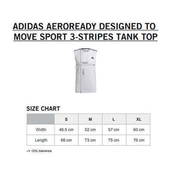 Adidas Aeroready Designed To Move Sport 3-Stripes Tank Top size chart indicating measurements for S, M, L, XL.