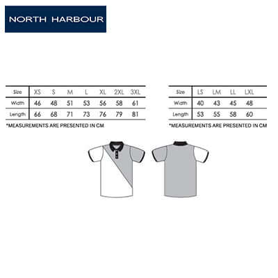 Size chart for North Harbour 2100 Georgia Polo T-Shirt with dimensions in centimeters.