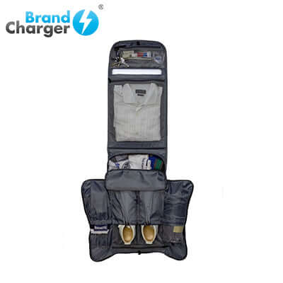 BrandCharger Marco Polo Toiletry Bag open, displaying compartments for clothing and accessories.