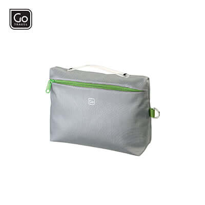 Go Travel Wash Bag in gray with green zipper and carry handle, ideal for toiletries and cosmetics organization.