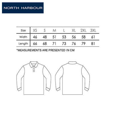 Size chart for North Harbour 24400 Long Sleeve Soft-Touch Polo T-Shirt, with measurements in CM.