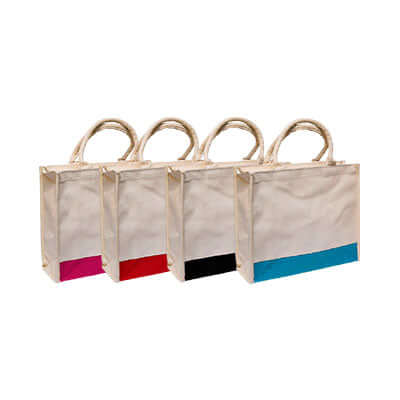 Laminated Canvas Bag with Zip in four stylish colors - magenta, black, sea blue, and natural, perfect for corporate gifts.