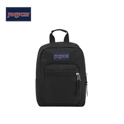 Jansport Big Break lunch bag in black with insulated compartment and exterior zip pocket, ideal corporate gift.