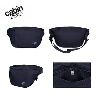 Cabinzero Hustle XL Cross Body 8L shown in black, featuring RFID pocket and quick-access zip front for urban adventures.