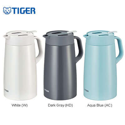 Tiger Stainless Steel Lined Handy Jug 1200ml / 1600ml / 2000ml PWO-A in White, Dark Gray, and Aqua Blue.