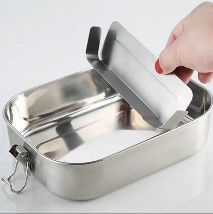 Stainless Steel Food Container Lunch Box with Compartment, showcasing its removable lid and sleek design.