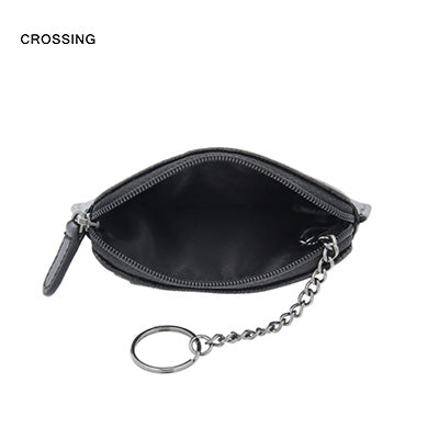 Crossing Elite Leather Key Coin Pouch With Card Slots RFID interior view showing zipped coin compartment and key ring.