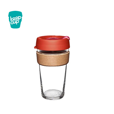 KeepCup Brew Cork Cup 16oz - stylish glass cup with cork band and lid, perfect corporate gift for eco-friendly coffee lovers.