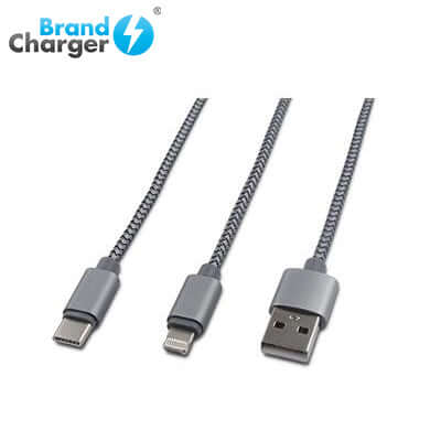 BrandCharger Trident Aluminium Charging Cable, premium grey nylon braided 3-in-1 charging cable for Apple and Android devices.