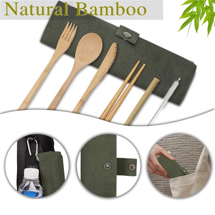 Eco-friendly 6 Pieces Bamboo Cutlery Set with natural bamboo utensils and a stylish travel pouch.
