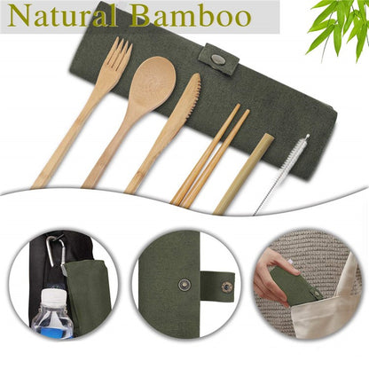 Eco-friendly 6 Pieces Bamboo Cutlery Set with natural bamboo utensils and a stylish travel pouch.
