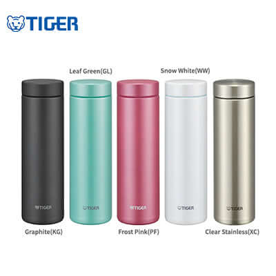 Tiger Tall Stainless Steel Bottle MMZ-A2 in various colors including Graphite, Leaf Green, Frost Pink, Snow White, and Clear Stainless.