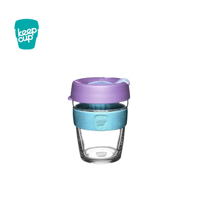 KeepCup Brew Cup 12oz with silicone band and polypropylene lid, a stylish eco-friendly coffee cup.