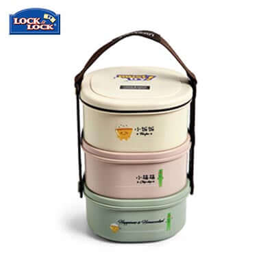 Lock & Lock 3-tier Lunch Box with Handle in three colors, ideal for portable meals and corporate gifts.