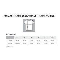 Size chart for Adidas Train Essentials Training Tee showing dimensions for XS, S, M, L, XL, and 2XL.