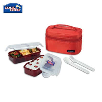 Lock & Lock 2-tier BPA Free Lunch Box with Cutlery and utensils, perfect for corporate gifting.