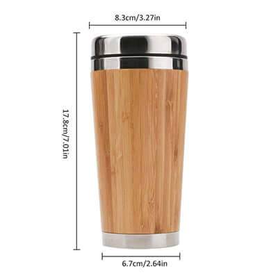 Bamboo Stainless Steel Coffee Mug with Leak-Proof Cover dimensions and design features on display.