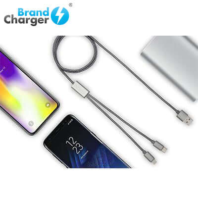 BrandCharger Trident Plus Aluminium Charging Cable surrounded by devices, ideal for corporate gifts.