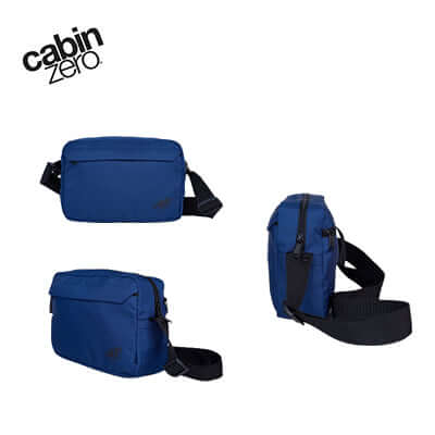 Cabinzero Flipside Shoulder Bag 3L in blue color, showcasing its compact design and adjustable strap.