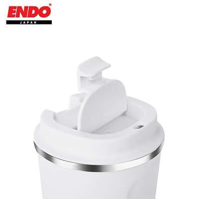 ENDO 380ML Double Stainless Steel Thermal Coffee Mug flip-to-open feature for on-the-go coffee enjoyment.