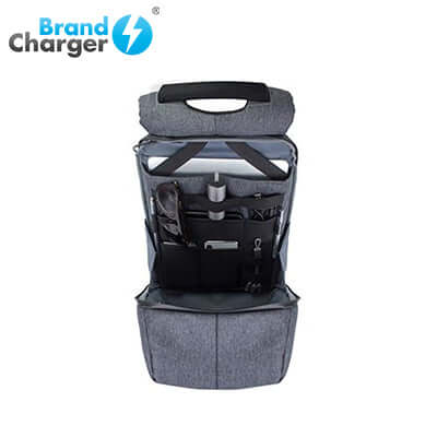 Interior view of the BrandCharger Phantom Smart Mobility Anti Theft Backpack showcasing compartments and organizational features.