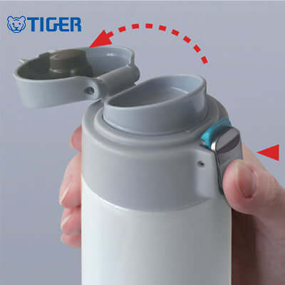 Tiger Stainless Steel Tumbler MMJ-A close-up of push-open lid and one-hand lock design.
