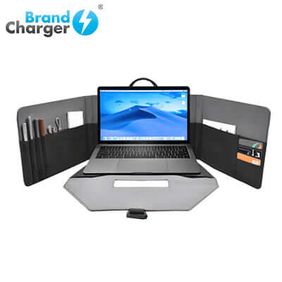 BrandCharger Specter Workspace laptop Bag opened with laptop and compartments for office supplies.